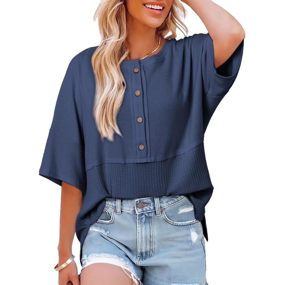 Dokotoo Womens Navy Blue Waffle Knit Henley Top Mixed Texture Short Sleeve XL
